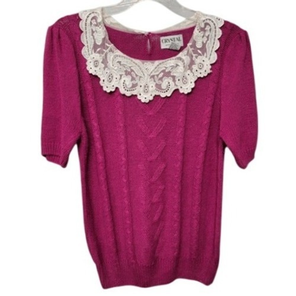 Vintage 80s Lace Bib Collar Puff Sleeve Sweater Womens‎ Medium Coquette Cottage